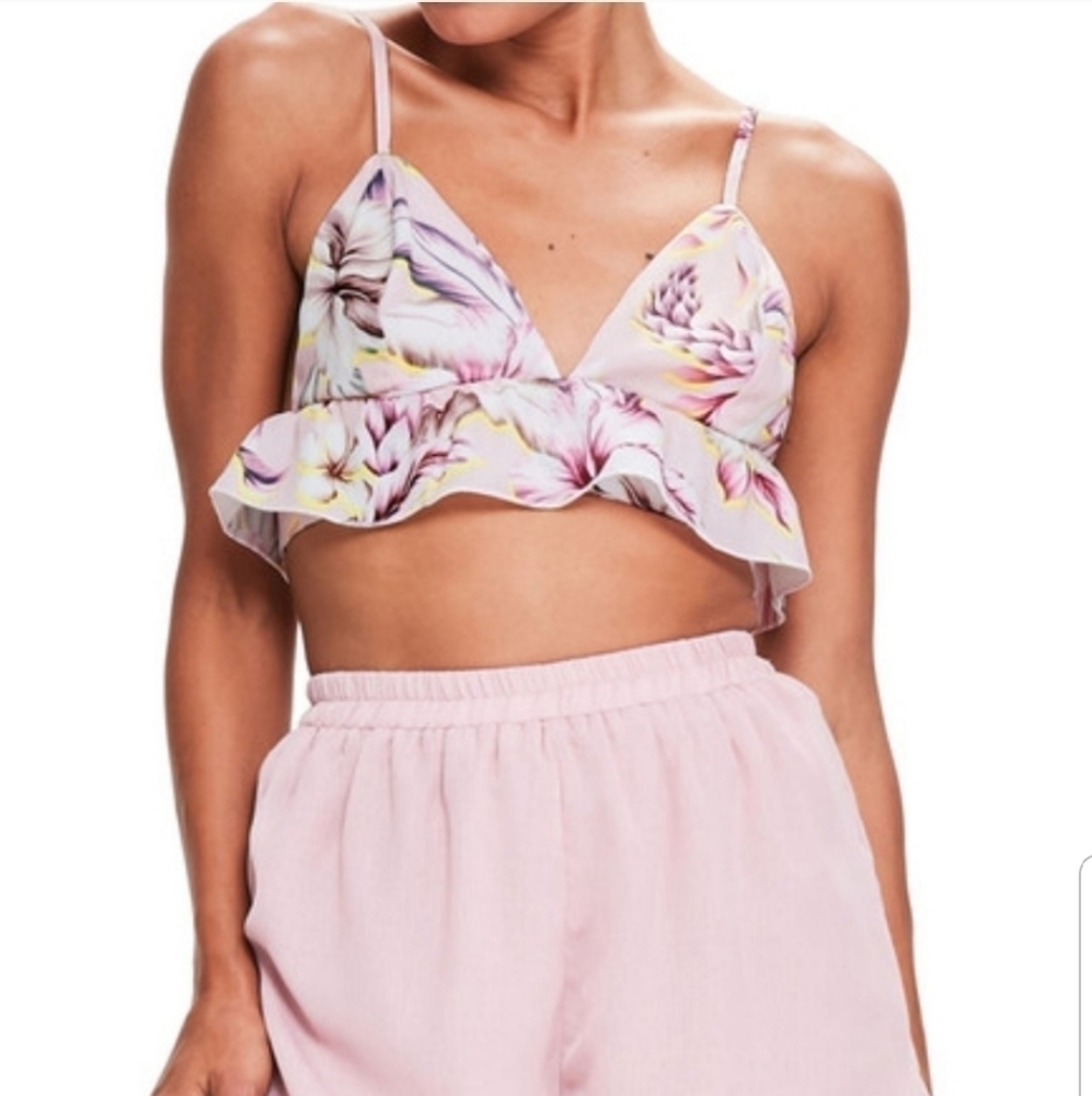 Missguided Women's Pink Tropical Print Ruffle Hem Camisole Crop Top Size 8 New